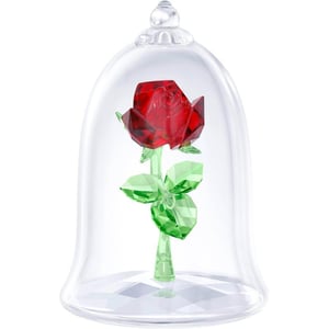 SWAROVSKI Beauty and the Beast Enchanted Rose Red and Green Swarovski Crystal with Clear Base and MouthBlown Glass Bell Jar Part of the Swarovski Beauty and the Beast CollectionBeauty and the Beast