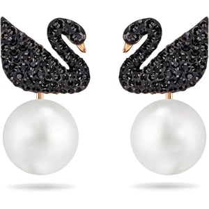 SWAROVSKI Iconic Swan Necklace and Earrings Collection Rose Gold Tone Finish Black CrystalsPierced Earrings