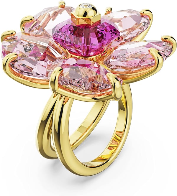 SWAROVSKI Florere Cocktail Ring Flower Motif with Pink Crystals on a GoldTone Finished Double BandUS Size 6 EU 52