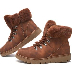 imagehash bubbie Womens Winter Boots Ankle Booties for Women Warm Fuzzy Boots Lace up PU Leather Snow Boots with ZipperBrown