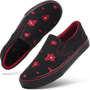 imageWomens Slip on Shoes Canvas Sneakers Loafers Non Slip Shoes Low Top Casual ShoesFull Blackred