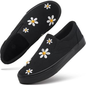 imageWomens Slip on Shoes Canvas Sneakers Loafers Non Slip Shoes Low Top Casual ShoesFull Blackwhite