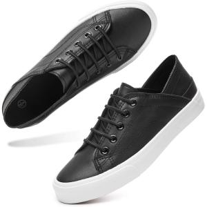 imageWomens Slip on Shoes PU Leather Slip on Sneaker Fashion White Tennis Shoes Low Top Black Casual ShoesBlack