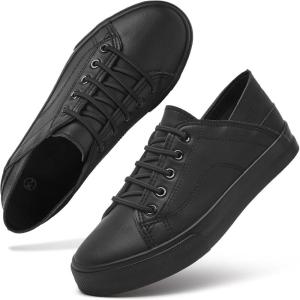 imageWomens Slip on Shoes PU Leather Slip on Sneaker Fashion White Tennis Shoes Low Top Black Casual ShoesFull Black