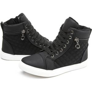 imagehash bubbie Womens High top Sneakers Lace up PU Leather Fashion Shoes Black Boots Fuzzy Ankle Booties with ZipperBlack