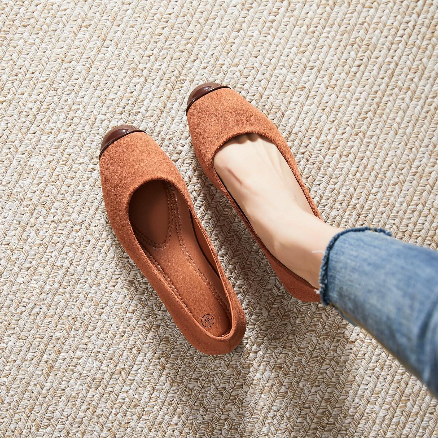 imagehash bubbie Womens Flats Shoes Ballet Flats Womens Round Toe Memory Foam Comfortable Dress Shoes Faux Suede Slip on Loafers for WomenBrown