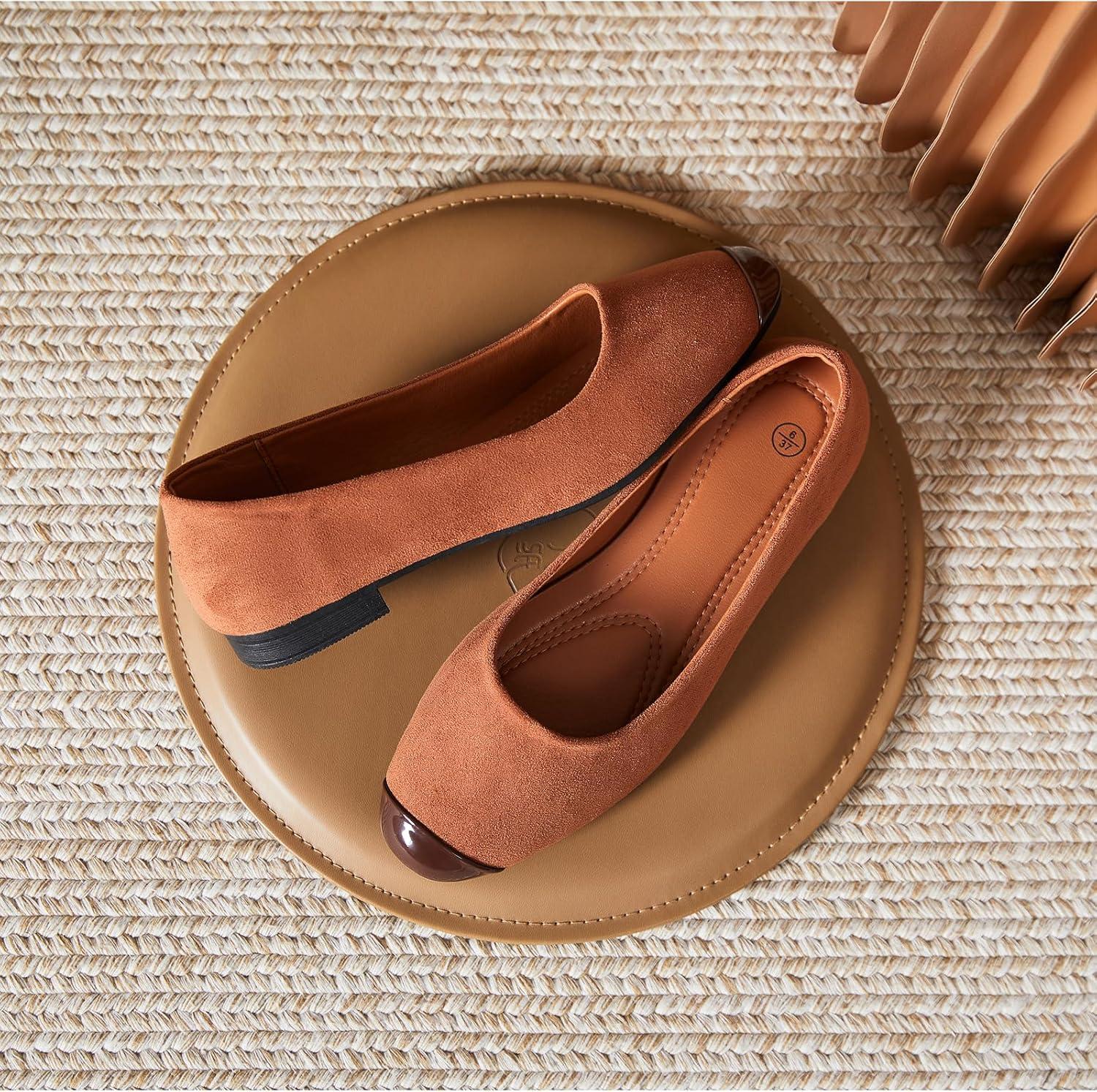 imagehash bubbie Womens Flats Shoes Ballet Flats Womens Round Toe Memory Foam Comfortable Dress Shoes Faux Suede Slip on Loafers for WomenBrown
