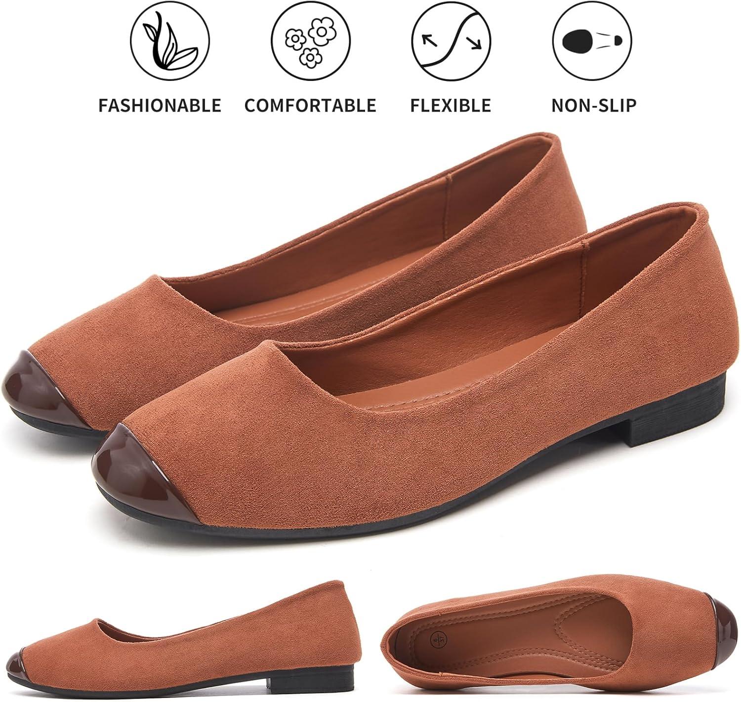 imagehash bubbie Womens Flats Shoes Ballet Flats Womens Round Toe Memory Foam Comfortable Dress Shoes Faux Suede Slip on Loafers for WomenBrown