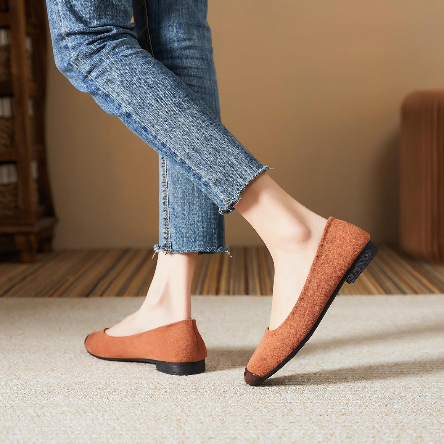 imagehash bubbie Womens Flats Shoes Ballet Flats Womens Round Toe Memory Foam Comfortable Dress Shoes Faux Suede Slip on Loafers for WomenBrown