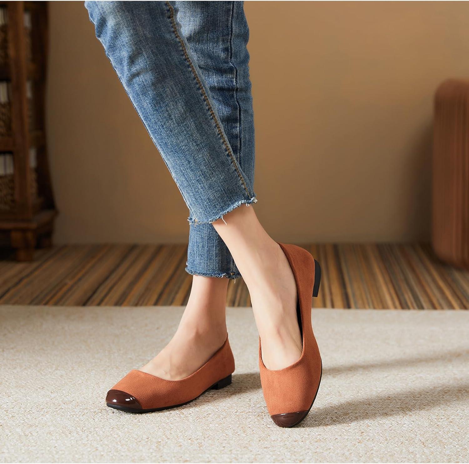 imagehash bubbie Womens Flats Shoes Ballet Flats Womens Round Toe Memory Foam Comfortable Dress Shoes Faux Suede Slip on Loafers for WomenBrown