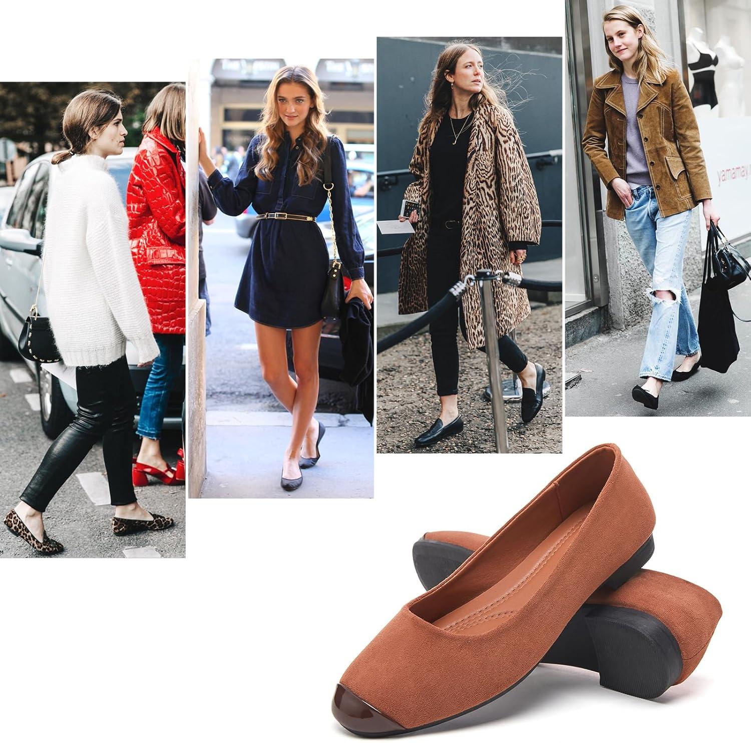 imagehash bubbie Womens Flats Shoes Ballet Flats Womens Round Toe Memory Foam Comfortable Dress Shoes Faux Suede Slip on Loafers for WomenBrown