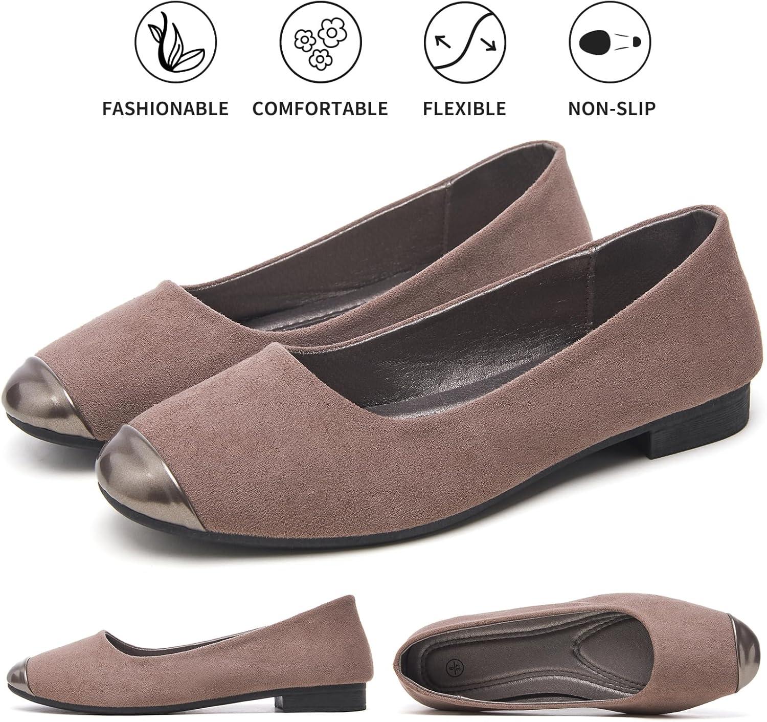 imagehash bubbie Womens Flats Shoes Ballet Flats Womens Round Toe Memory Foam Comfortable Dress Shoes Faux Suede Slip on Loafers for WomenCoffee Grey