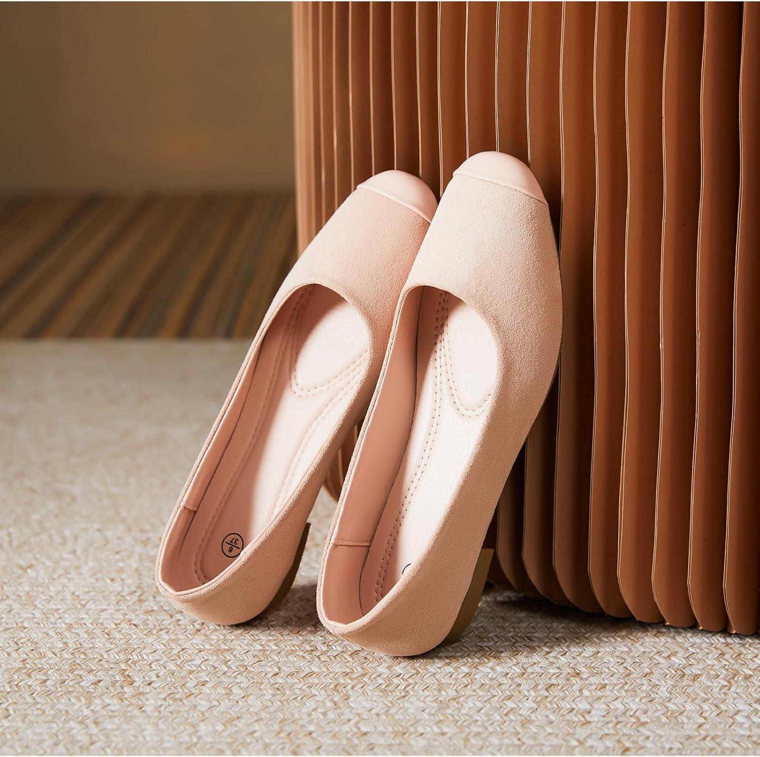 imagehash bubbie Womens Flats Shoes Ballet Flats Womens Round Toe Memory Foam Comfortable Dress Shoes Faux Suede Slip on Loafers for WomenNude Pink