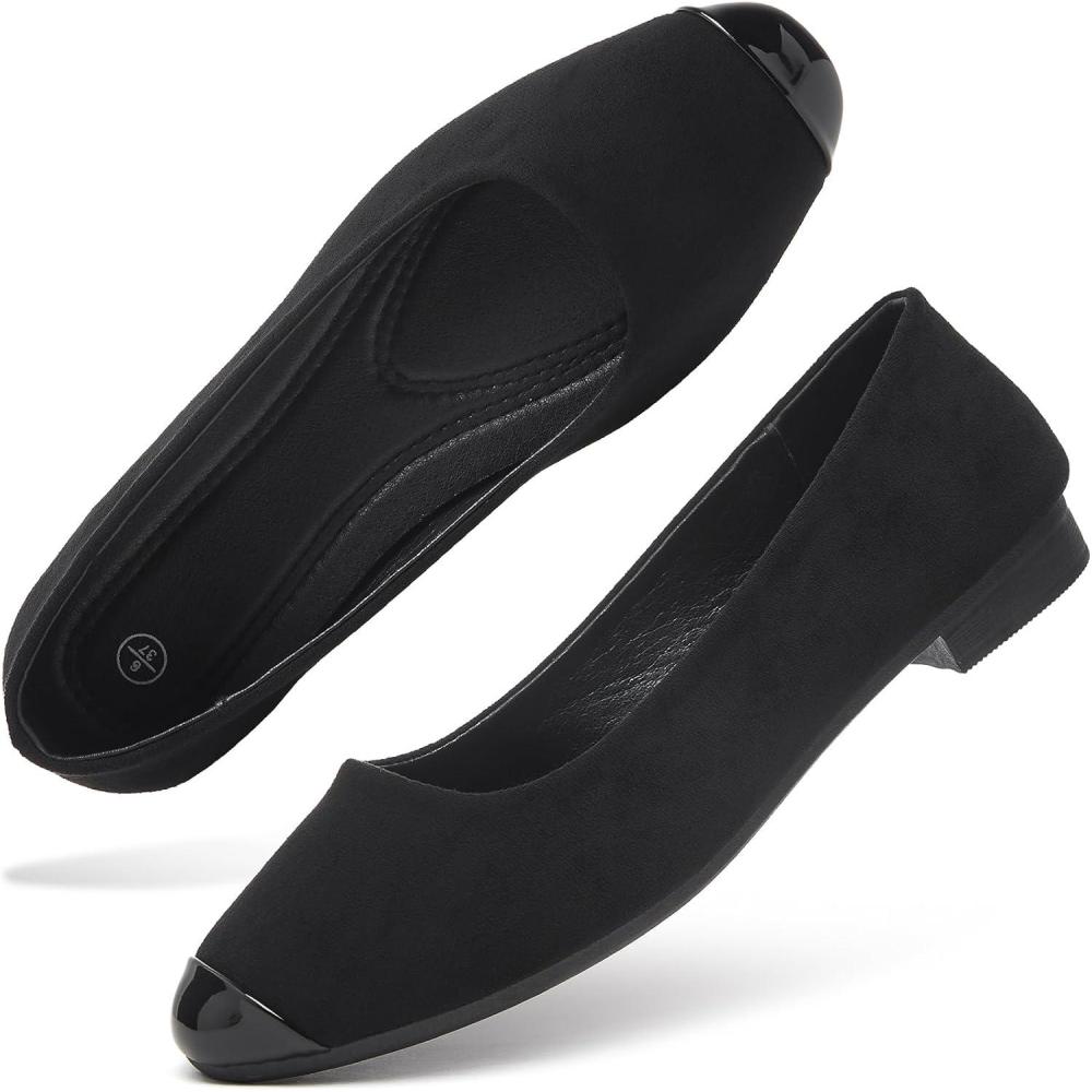 imagehash bubbie Womens Flats Shoes Ballet Flats Womens Round Toe Memory Foam Comfortable Dress Shoes Faux Suede Slip on Loafers for WomenBlack