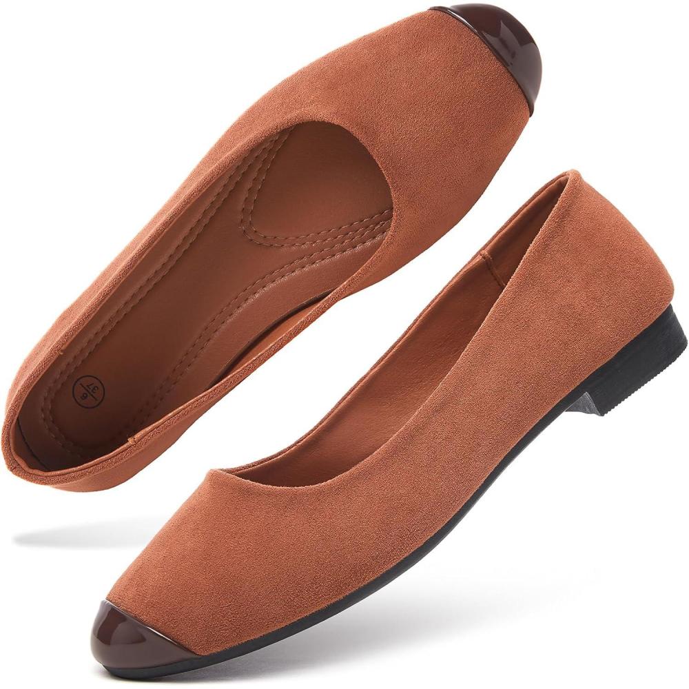 imagehash bubbie Womens Flats Shoes Ballet Flats Womens Round Toe Memory Foam Comfortable Dress Shoes Faux Suede Slip on Loafers for WomenBrown
