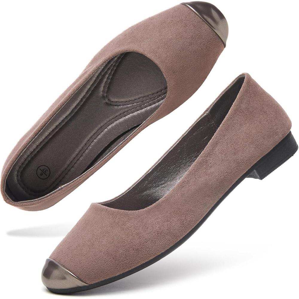 imagehash bubbie Womens Flats Shoes Ballet Flats Womens Round Toe Memory Foam Comfortable Dress Shoes Faux Suede Slip on Loafers for WomenCoffee Grey