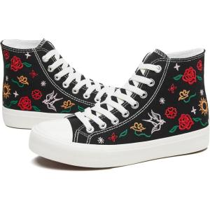 imageTUOPIN Womens High Top Canvas Sneakers  White and Black Fashion Embroidery Casual Walking Shoes for Women Comfortable Breathable LaceUp Tennis ShoesBlack