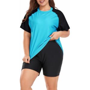 imageTUOPIN Womens Plus Size 2 Piece Swimsuits Short Sleeve Rash Guard UPF 50 with Boyshort Bottoms Swim Shirt ampamp Swim Shorts Set