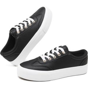 imageTUOPIN Womens Tennis Shoes White PU Leather Platform Sneakers Comfortable LaceUp Walking Shoes Fashion Chunky Athletic Sneakers for WomenBlack