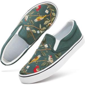 imageWomens Slip on Shoes Canvas Sneakers Loafers Non Slip Shoes Low Top Casual ShoesDark Green Embroidery