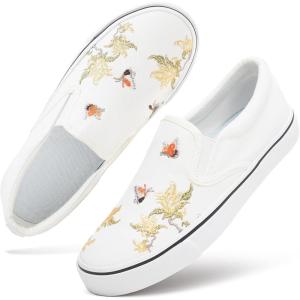 imageWomens Slip on Shoes Canvas Sneakers Loafers Non Slip Shoes Low Top Casual ShoesWhite Embroidery