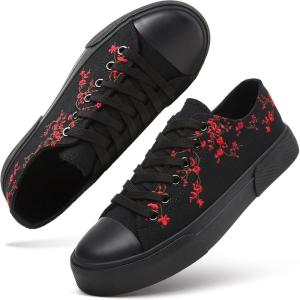 imagehash bubbie White Sneakers for Women Low Top Canvas Shoes Womens Canvas Sneakers Womens Fashion Sneakers Slip on Casual Tennis ShoesFull Black Embroidery