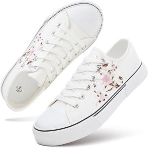 imagehash bubbie White Sneakers for Women Low Top Canvas Shoes Womens Canvas Sneakers Womens Fashion Sneakers Slip on Casual Tennis ShoesWhite Embroidery Flower
