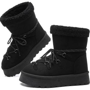 imageToupin Womens Classic Platform Mini Snow Boots  Faux Suede SlipOn ampamp LaceUp Winter Booties with Sherpa Lining AntiSlip Thick Sole Ankle BootsBlack