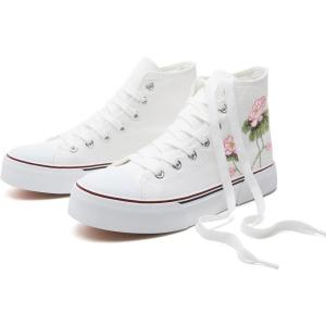 imagehash bubbie High Top Sneakers for Women Classic High Tops Canvas Shoes Lace up Womens Fashion SneakerWhite Lotus