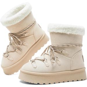 image:imageTUOPIN Womens Classic Platform Mini Snow Boots  Faux Suede SlipOn amp LaceUp Winter Booties with Sherpa Lining AntiSlip Thick Sole Ankle BootsBeige