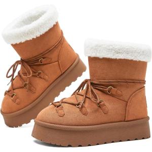image:imageTUOPIN Womens Classic Platform Mini Snow Boots  Faux Suede SlipOn amp LaceUp Winter Booties with Sherpa Lining AntiSlip Thick Sole Ankle BootsChestnut