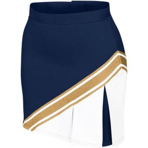 imagechass Cheerleading Uniform Skirt for Girls  Blaze Boost Fitted Asymmetrical Pleat Cheerleader OutfitNavyWhiteMetallic Gold  Adult Size
