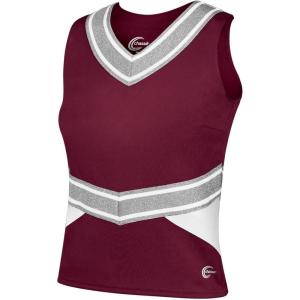 imagechass Cheerleading Uniform Top for Girls  Blaze Boost Fitted VNeck Shell TopMaroonWhiteMetallic Silver  Youth Size