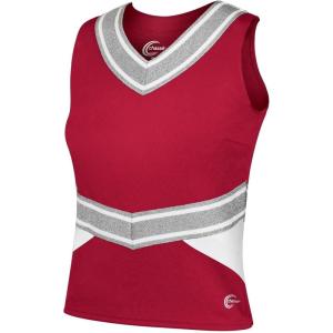imagechass Cheerleading Uniform Top for Girls  Blaze Boost Fitted VNeck Shell TopRedWhiteMetallic Silver  Adult Size