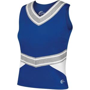 imagechass Cheerleading Uniform Top for Girls  Blaze Boost Fitted VNeck Shell TopRoyalWhiteMetallic Silver  Adult Size