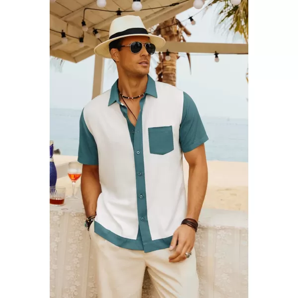 Men Contrast 70s Vintage Bowling Shirt Short Sleeve Button Down Summer Shirt