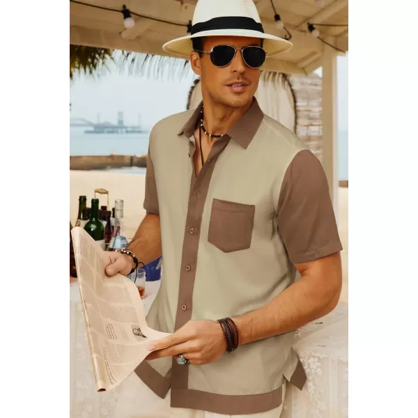 Men Contrast 70s Vintage Bowling Shirt Short Sleeve Button Down Summer Shirt