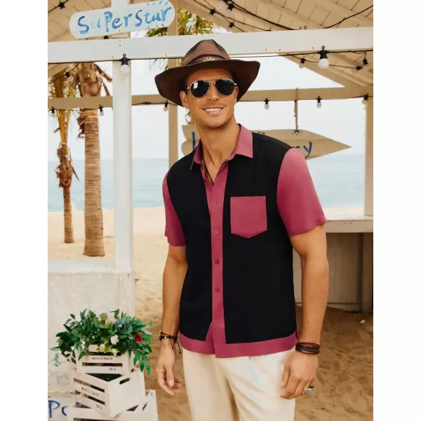 Men Contrast 70s Vintage Bowling Shirt Short Sleeve Button Down Summer Shirt