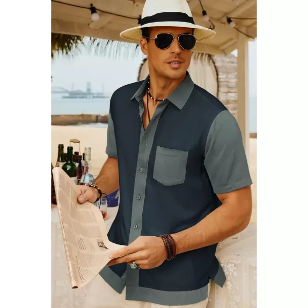 Men Contrast 70s Vintage Bowling Shirt Short Sleeve Button Down Summer Shirt