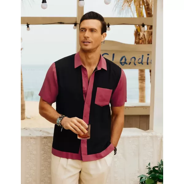 Men Contrast 70s Vintage Bowling Shirt Short Sleeve Button Down Summer Shirt