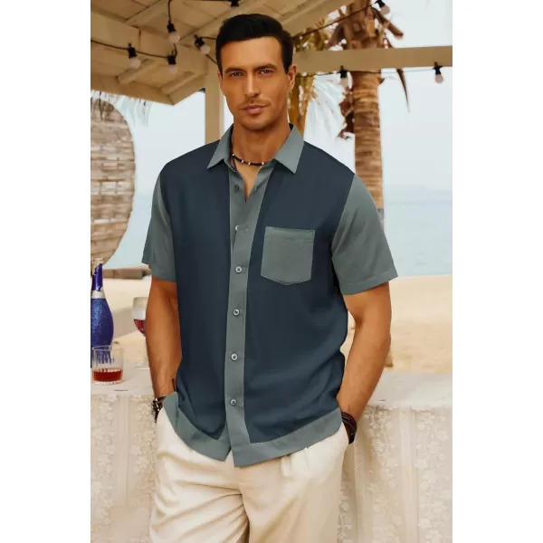 Men Contrast 70s Vintage Bowling Shirt Short Sleeve Button Down Summer Shirt