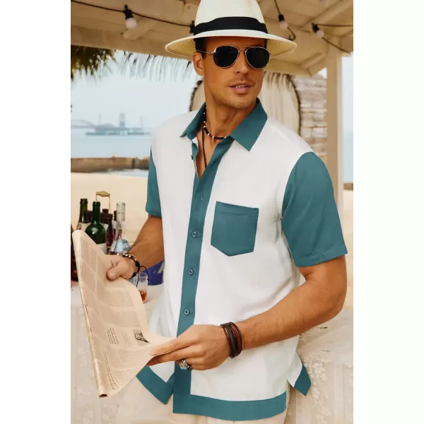 Men Contrast 70s Vintage Bowling Shirt Short Sleeve Button Down Summer Shirt