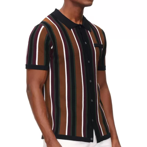 Men’s Short Sleeve Knit Shirt Vintage Stripe Lapel Collar Polo Shirt