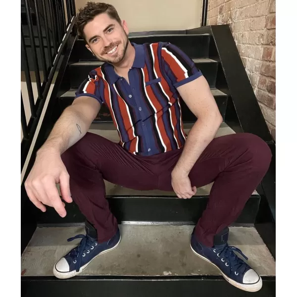 Men’s Short Sleeve Knit Shirt Vintage Stripe Lapel Collar Polo Shirt