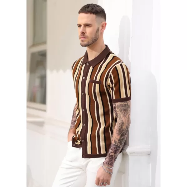 Men’s Short Sleeve Knit Shirt Vintage Stripe Lapel Collar Polo Shirt