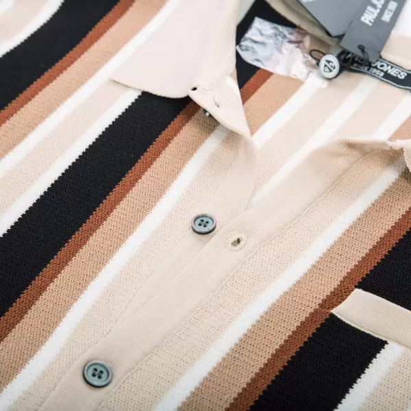 Men’s Short Sleeve Knit Shirt Vintage Stripe Lapel Collar Polo Shirt