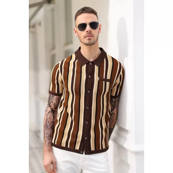 Men’s Short Sleeve Knit Shirt Vintage Stripe Lapel Collar Polo Shirt