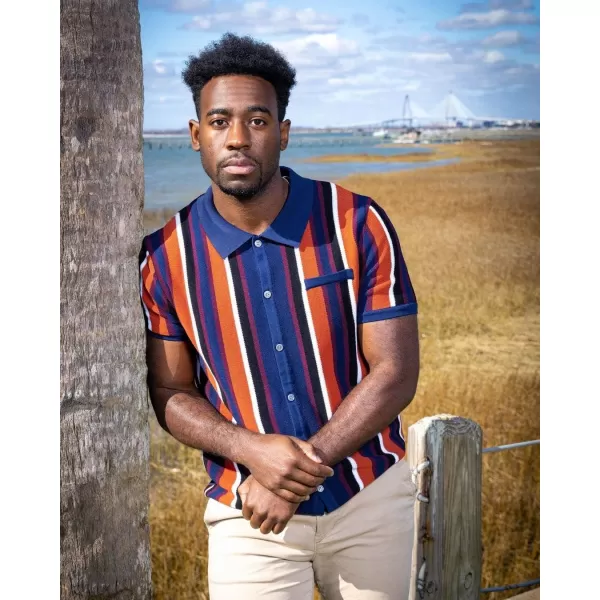 Men’s Short Sleeve Knit Shirt Vintage Stripe Lapel Collar Polo Shirt