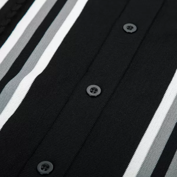 Mens Vintage Striped Knit Polo Shirt Long Sleeve Button Down Cardigan Sweater