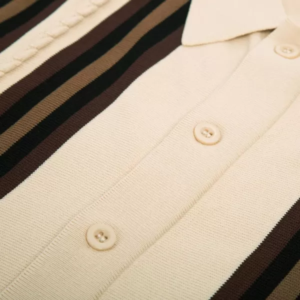 Mens Vintage Striped Knit Polo Shirt Long Sleeve Button Down Cardigan Sweater